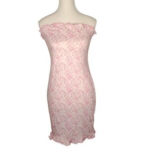 NWOT SHEIN Pink Floral Ruffle‎ Tube Dress Women Size M Mini Bodycon